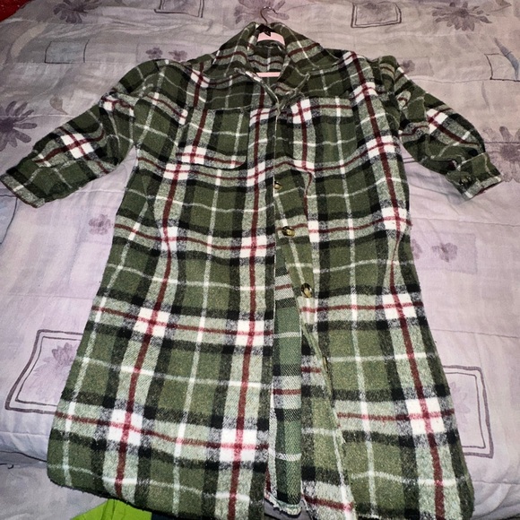 Plaid Green and Red Pea Coat - Picture 2 of 14